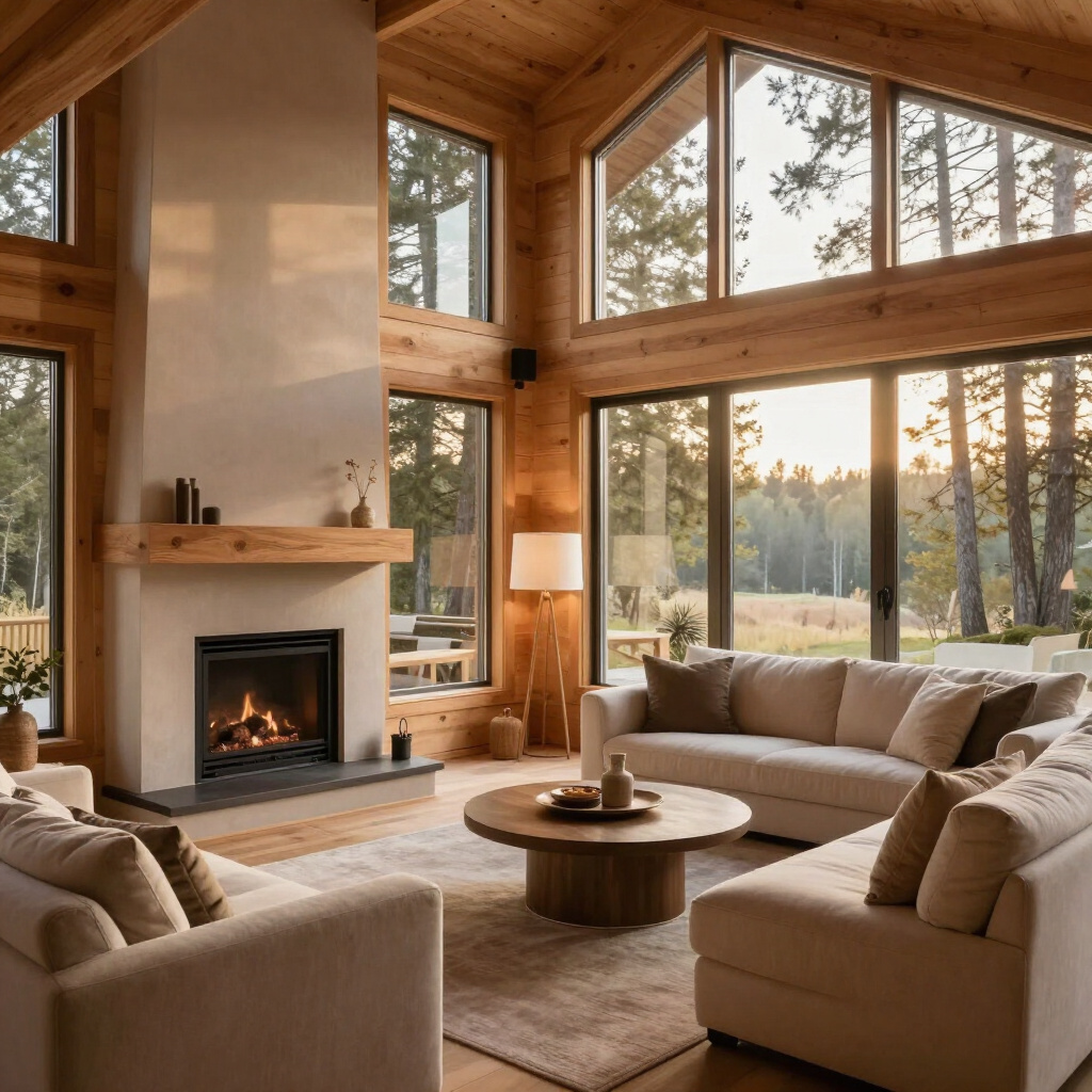 Cozy cabin interior with fireplace