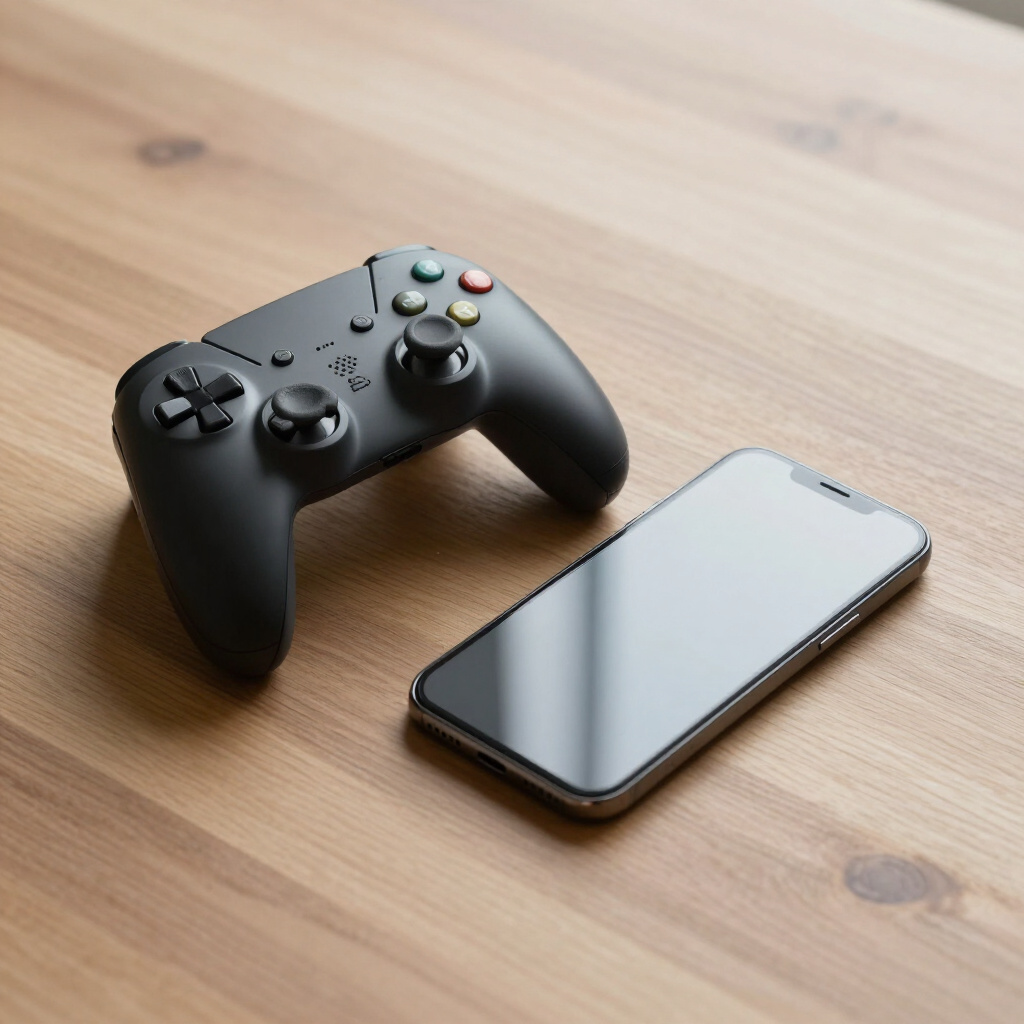 Game controller and phone on a desk